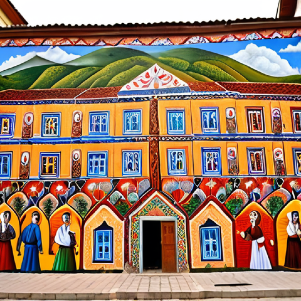 ** Artists collaborating with villagers to create a large mural depicting local folklore in a small Turkish town. Focus on vibrant colors, community spirit, and the integration of traditional patterns.

**