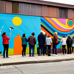 A diverse group of community members, including people of various ages and backgrounds, are actively collaborating on a large-scale outdoor mural in a vibrant urban neighborhood. They are fully clothed in modest, casual attire, joyfully painting sections of a colorful, abstract design on a building wall. The scene captures a sense of shared purpose and creativity, with natural light illuminating their engaged faces and well-formed hands holding paintbrushes. The background features other community buildings, hinting at a lively atmosphere. This image showcases a family-friendly community art project, safe for work, appropriate content, perfect anatomy, correct proportions, natural pose, professional photography, high quality.