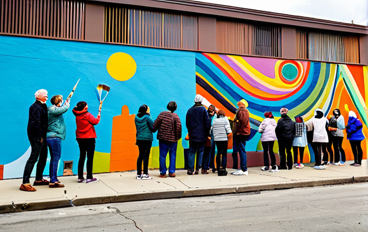 A diverse group of community members, including people of various ages and backgrounds, are actively collaborating on a large-scale outdoor mural in a vibrant urban neighborhood. They are fully clothed in modest, casual attire, joyfully painting sections of a colorful, abstract design on a building wall. The scene captures a sense of shared purpose and creativity, with natural light illuminating their engaged faces and well-formed hands holding paintbrushes. The background features other community buildings, hinting at a lively atmosphere. This image showcases a family-friendly community art project, safe for work, appropriate content, perfect anatomy, correct proportions, natural pose, professional photography, high quality.